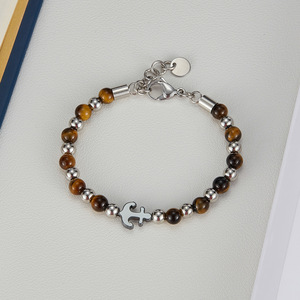 Pulsera de Acero Inoxidable con Cuentas de Piedra Ojo de Tigre y Ancla de Barco, Diseño Moderno en Negro, Joyería para Hombre - Product Image 4