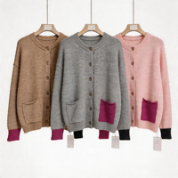 Cardigan en maille pour femme, col rond, à simple boutonnage, épaules tombantes, avec poche à revers, color block café, élégant