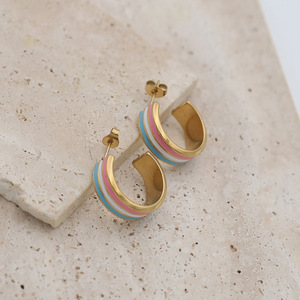 <b>Cuff</b> <b>Earrings</b> Gold Colorful Striped Geometric Design Women's Everyday Wear - Product Image 4