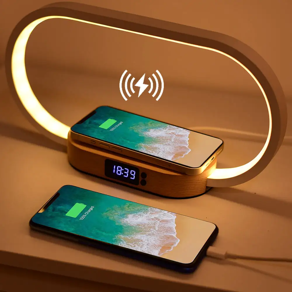 Bedside counter lamp bedroom table lamp touch dimming 10W wireless charging 3 kinds of brightness wood table lamp