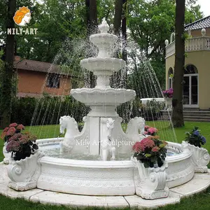 Hand geschnitzte große weiße Naturstein-Marmorskulptur-Pferde wasser brunnen im Freien für quadratischen Garten