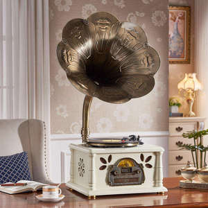 Gramófono Vintage de Fábrica, Tocadiscos de Madera Maciza de 3 Velocidades, Reproductor de Vinilo con Bocina de Cobre, Radio FM BT, Decoración para el Hogar, Audio - Product Image 3