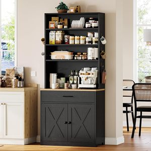 Meuble de bar à café style ferme avec tiroir, portes coulissantes, étagères réglables pour cuisine, salle à manger, salon, noir - Product Image 5