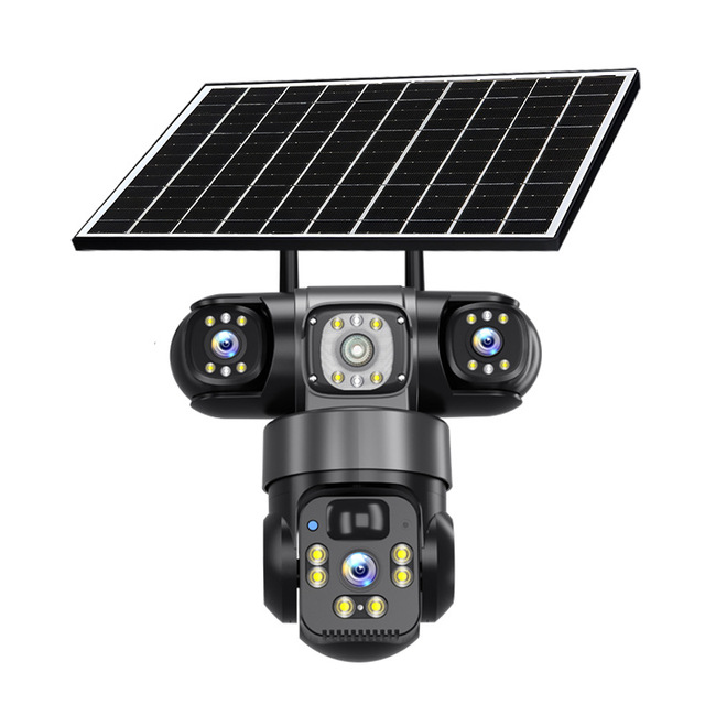 Three-display Three-lens360° PTZ / Panoramic Solar-powered 2K/4K HD Color Night Vision Camera Outdoor Use
