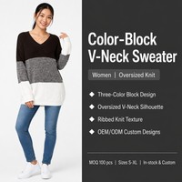 Pull-over personnalisé OEM & ODM pour femme grande taille, en maille mélangée, manches longues, col en V, décontracté, mode hiver, Noël, polyester, basique