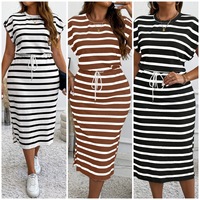 Robe d'été rayée en polyester à manches chauve-souris et cordon de serrage, grande taille, pour femmes européennes et américaines, style transfrontalier