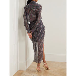 Nouveau Design Oblique plissé à manches longues Ultra-mince <span class=keywords><strong>robe</strong></span> <span class=keywords><strong>en</strong></span> <span class=keywords><strong>Tulle</strong></span> pour les femmes décontracté été courte fente Sexy <span class=keywords><strong>mi</strong></span>-longueur - Product Image 1