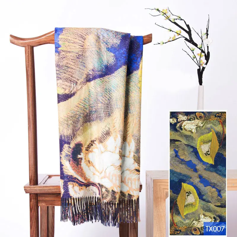 Custom big women digital printing imitated wool famous oil painting scarf Rectangle warm autumn and winter scarves ladies BB