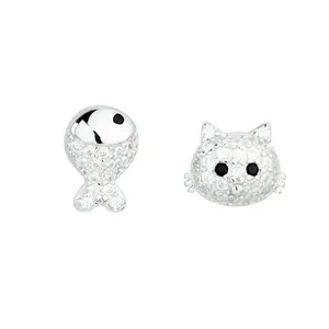 Ins Cute Korean Micro Silver Needle Earings Cat And Fish Minimalist S925 Sterling Silver Zircon Stone Earrings