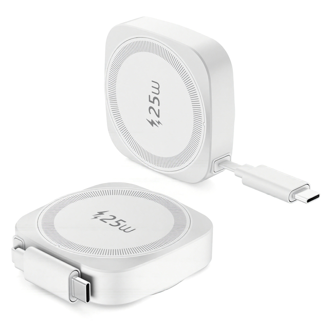 25W Magnetic Wireless Charger with Retractable USB-C Cable 25W Fast Charging for Travel & Mobile Phones