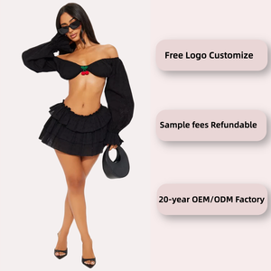 Bayanlar seksi Backless kapalı omuz mahsul Tops pileli etek seti kadın <span class=keywords><strong>moda</strong></span> parti kıyafetleri uzun kollu Mini etek 2 parça Set - Product Image 2