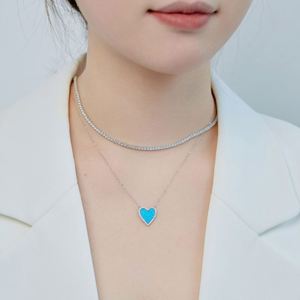 Dylam Elegant Design Solid Sterling Silver Heart Shape Eternity 5A Cubic Zirconia Blue Synthetic <b>Opal</b> Pendant <b>Necklace</b> - Product Image 2