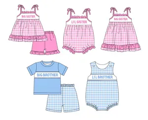 Big little sister Brother Outfits para bebés, niñas y niños, ropa a juego para niños pequeños, boutique al por mayor, conjuntos a cuadros de verano rosa y azul