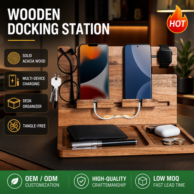 Luxury Handcrafted Wood Docking Station with Watch Stand Sturdy Desktop Organizer for Electronic Devices and Personal Accessory