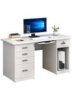 Bureau d'ordinateur de bureau avec compartiment de rangement pour ordinateur, 5 tiroirs verrouillables, plateau pour clavier, construction en acier, design moderne, mobilier de bureau