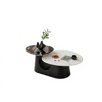 Juego de Mesa de Centro para Sala de Estar Global Export Avant Garde, Diseño Asimétrico de Pétalos, en Blanco y Negro, Dos Niveles, Panel de Vidrio y Piedra Tecnológica