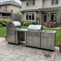 Cuisine extérieure modulaire de luxe, îlot barbecue, armoire de cuisine extérieure en acier inoxydable résistant à l'humidité, texture métallique pour l'extérieur