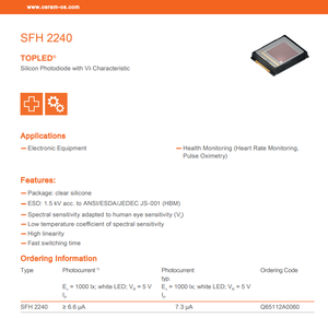 Capteur de lumière ambiante SMD à caractéristique Vλ, photodiode PIN en silicium SFH 2240 d'OSRAM, 400-690 nm - Product Image 2
