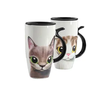 Zogift large capacity 550ml crceative cartoon cat design travel coffee Unique porcelain ceramic mug with spoon in handle