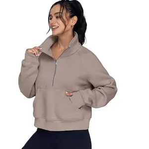 Custom half zipper crewneck raglan sleeve hoodie drop shoulder mock neck polar fleece quarter zip corded sweatshirt for women