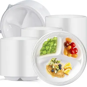 YANGRUI Assiettes rondes jetables en plastique blanc sans BPA de 9 pouces à 3 compartiments pour restaurant