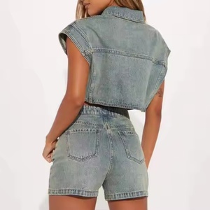 Conjunto de Mezclilla para Mujer, Nuevo, de Alta Calidad, Sexy, Chaqueta Corta sin Mangas, Mini Shorts, Lavado Ácido, Efecto Desgastado - Product Image 5