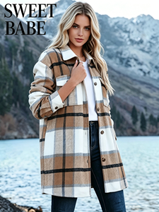SWEET BABE Womens Short Woven Plaid Oversized Shacket Jacket Casual Full Sleeve Button <b>Down</b> Pocketed Coat for Fall Winter - Product Image 1