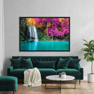 Purple Trees Waterfall Canvas Print: Serene Nature Lake View Art,<b>BLACK</b> <b>FRAMED</b> CANVAS - Product Image 3