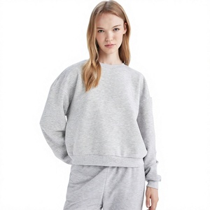 Women's Gray Crew Neck Sweatshirt Full Sleeve Knitted Cotton Blend Casual Solid Color Breathable Autumn Wear - Product Image 4
