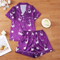Ensemble de pyjama d'été pour femmes, respirant, en satin, col rabattu, imprimé papillon et fleurs, manches courtes, shorts, ODM