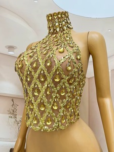 Traje de Danza con Temática de Canción Femenina para DJ, Estilo Gogo, Armadura Dorada, Ángulo Plano, Elástico, Corto, para Escenario, Talla Única, para Ballet - Product Image 5