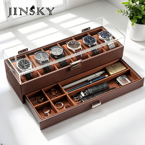 Caja para relojes de cuero PU – Estuche de almacenamiento de doble capa con 6 y 10 ranuras para relojes, anillos y collares, organizador de joyas - Product Image 2