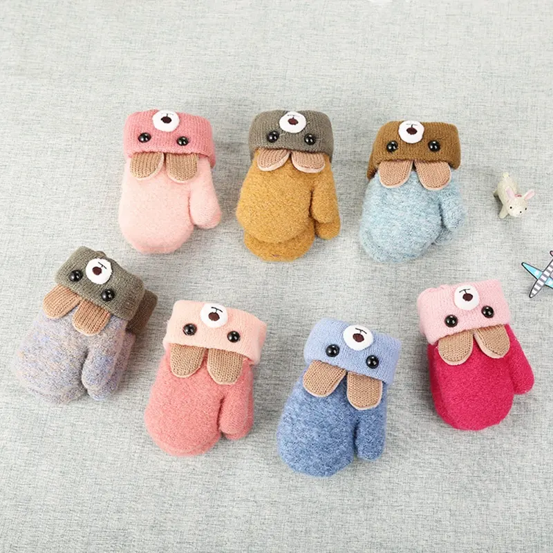 QY Cute Bear Cartoon Baby Gloves Winter Knit Wool Newborn Mittens Velvet Thick Children's Kids Keep Finger Warm Gloves