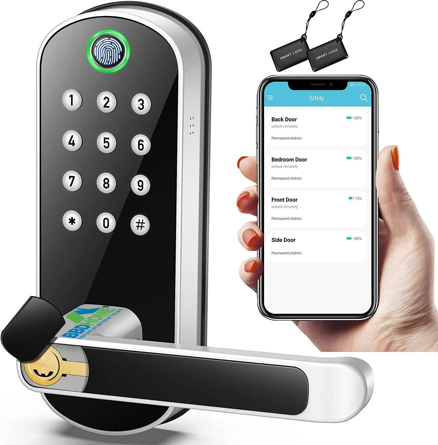 BBDHOME防水指紋電子デッドボルトドアロック、キーパッドエントリーアプリ付き家庭やホテルの自動ロックの監視