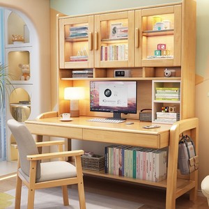โต๊ะคอมพิวเตอร์ไม้เนื้อแข็งพร้อมชั้นวางหนังสือ 80x60x190 ซม. สำหรับโฮมออฟฟิศห้องอ่านหนังสือโต๊ะเขียนหนังสือ - Product Image 4