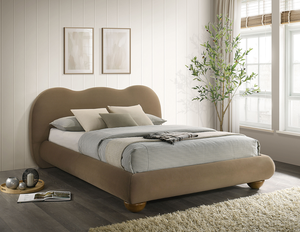 Lit Queen Size Marron 1 pièce avec Pieds Ronds en Bois et Revêtement Bouclé – Mobilier de Chambre - Product Image 3