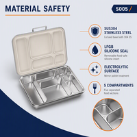 Boîte à lunch S005 à 5 compartiments en acier inoxydable 304, compatible micro-ondes, étanche, sans BPA, avec joint en silicone, vente en gros d'usine OEM pour repas