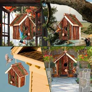 Casa per gli uccelli <span class=keywords><strong>in</strong></span> <span class=keywords><strong>legno</strong></span> rurale con caldo Design appeso impermeabile decorato con muschio e corteccia di albero naturale finitura modello solido - Product Image 5