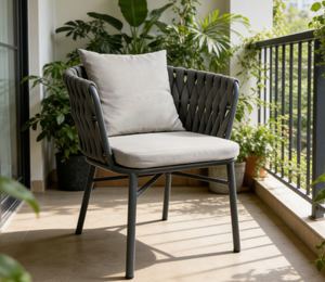 Sillón Moderno Gris <span class=keywords><strong>para</strong></span> Exteriores con Respaldo de Cuerda Tejida y Cojines <span class=keywords><strong>para</strong></span> Patio, Jardín o <span class=keywords><strong>Terraza</strong></span> - Product Image 1