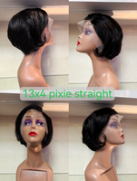 Perruque Courte Droite Transparente 13*4 avec Mèches Colorées, Cheveux Humains, Dentelle Frontale, Densité 250%, Style Pixie, pour Femmes
