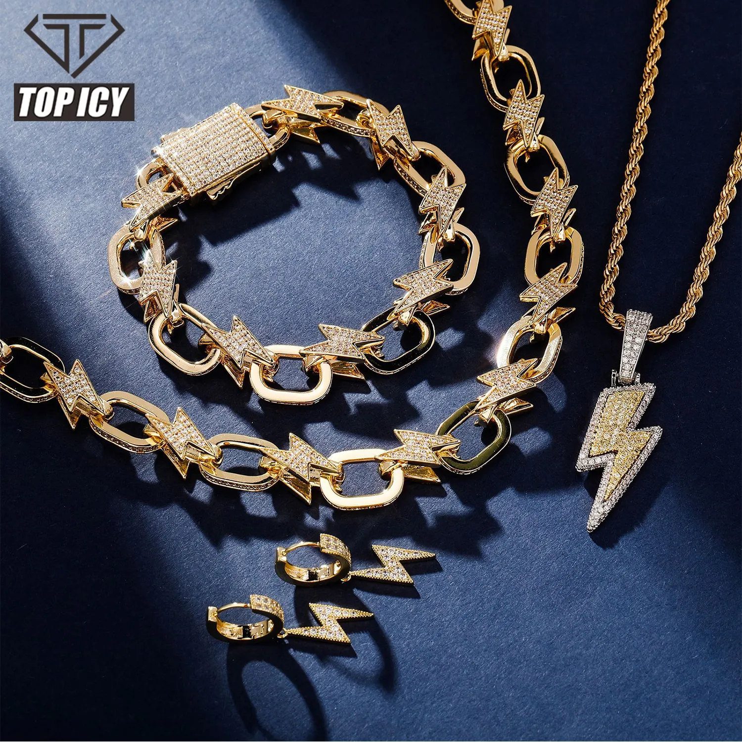 TOP ICY Blitz Armband Halskette Schmuck Set Hip Hop CZ Beleuchtung Design Anhänger Ohrring Bling Bling Schmuck Bündel