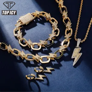 TOP ICY Set Perhiasan Gelang Kilat Kalung Hip Hop CZ Desain Pencahayaan Liontin Anting Bling Bling Perhiasan Bundel