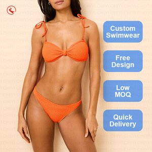 Custom Logo Knitted Bikini <b>Set</b> Halter Lace Up <b>Two</b> <b>Piece</b> Swimwear Orange Solid Color Bodycon Quick Dry Spandex Nylon - Product Image 2