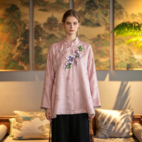 Chemisier pour femme en soie de mûrier scintillante double couche, broderie tambour française faite à la main, style oriental