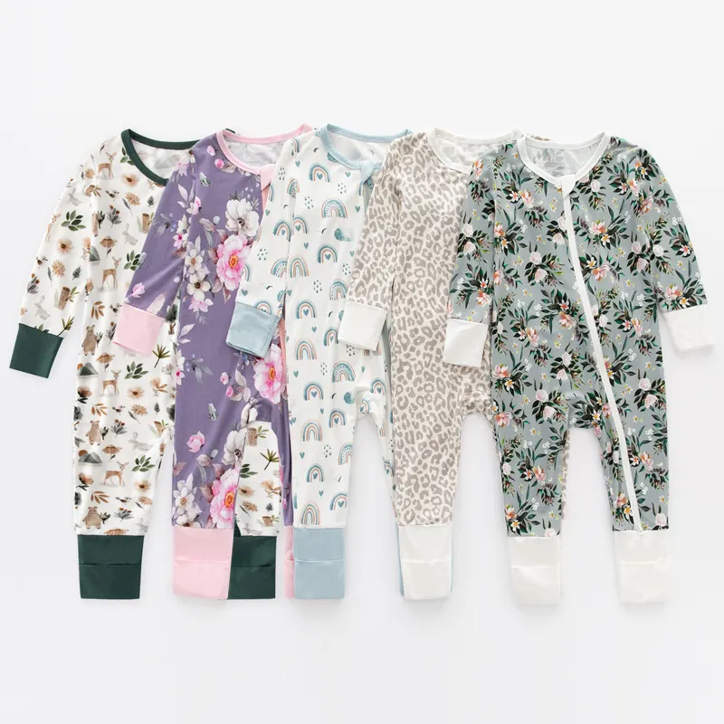 Großhandel Benutzer definierte Reiß verschluss falten über neugeborenen Baby Stram pler Baby kleidung Kleinkind Pyjamas drucken Bambus Baby kleidung