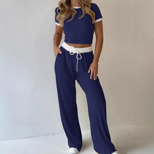 Ensemble décontracté deux pièces pour femme, bleu marine, haut court à manches courtes, pantalon large, couleur unie, vêtements de sport, tailles S M L XL - Product Image 1