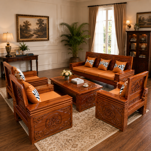 Juego de Sofás de Madera de Teca Sólida Cuadrada Tradicional de Jepara, con Detalles Tallados a Mano, Sofá Cama Premium de Tres Plazas para Sala de Estar - Product Image 5