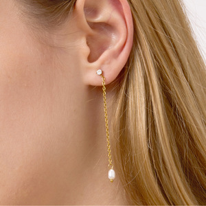 ต่างหูระย้าดีไซน์หรูหราประดับมุกน้ำจืดและเพชรซิคอน พร้อมสายโซ่ทอง เหมาะสำหรับใส่ทุกวัน - Product Image 2