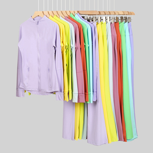 Ensemble de vêtements de yoga pour femmes <span class=keywords><strong>LULU</strong></span>, 2 pièces, motif uni, veste de jogging avec pantalon évasé, fermeture élastique à la taille, tenue de fitness d'automne - Product Image 1