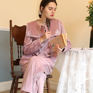 <span class=keywords><strong>Pigiama</strong></span> autunnale in <span class=keywords><strong>pile</strong></span> di visone caldo da donna abbigliamento da notte ricamato francese a tinta unita con chiusura elastica per vita termica - Product Image 3